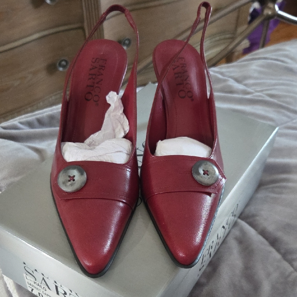 Franco Sarto Burgundy Slingback Heels with Button Detail